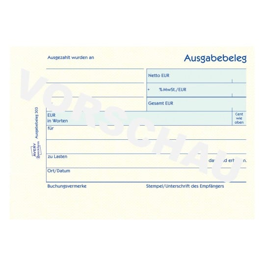 Formularabbildung: Avery Zweckform, Artikel: 303, Ausgabebeleg mit Dokumentendruck, 148 x 105 mm, A6 quer, 50 Blatt/Buch
