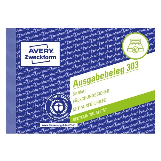 Produktabbildung: Avery Zweckform, Artikel: 303, Ausgabebeleg mit Dokumentendruck, 148 x 105 mm, A6 quer, 50 Blatt/Buch