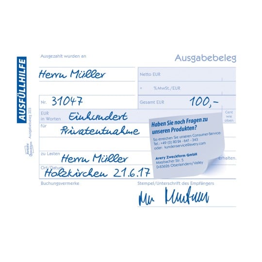 Das Bild zeigt einen Zahlungsbeleg, der an Herrn Müller adressiert ist und einen Betrag von einhundert Euro angibt, datiert auf den 21.06.17, für ein privates Unternehmen. Es enthält Kontaktinformationen für Avery Zweckform GmbH.