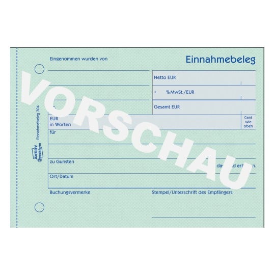 Formularabbildung: Avery Zweckform, Artikel: 304, Einnahmebeleg, 148 x 105 mm, A6 quer, 50 Blatt/Buch