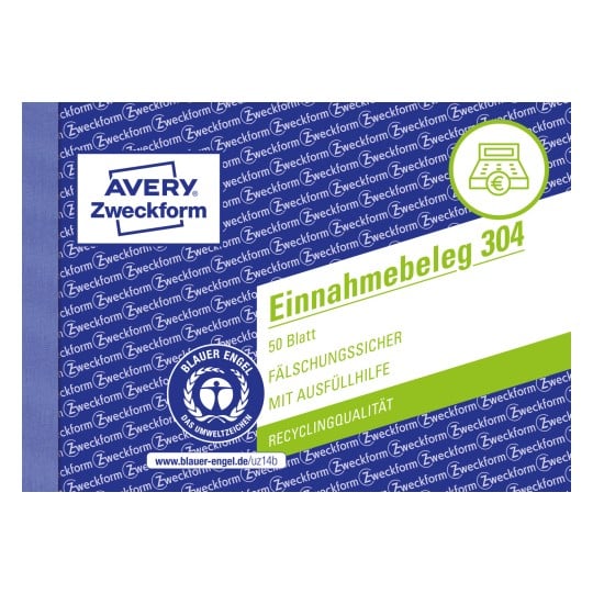 Produktabbildung: Avery Zweckform, Artikel: 304, Einnahmebeleg, 148 x 105 mm, A6 quer, 50 Blatt/Buch