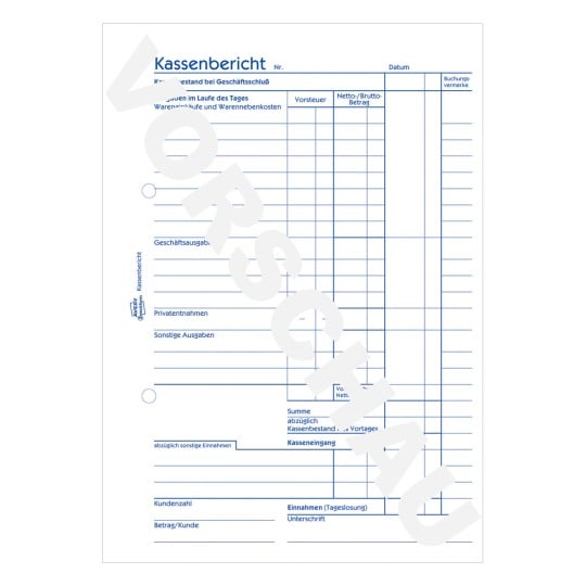 Formularabbildung: Avery Zweckform, Artikel: 305, Kassenbericht, 148 x 210 mm, A5, 50 Blatt/Buch