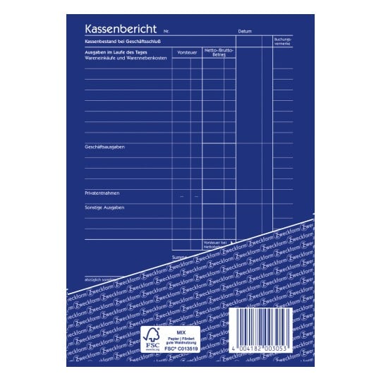 Das Bild zeigt ein Formular für einen Kassenbericht mit dem Titel 'Kassenbericht', das Abschnitte für tägliche Ausgaben enthält, einschließlich Wareneinkäufe und Kosten. Es gibt Bereiche für Netto- und Bruttobeträge sowie geschäftliche und private Ausgaben.
