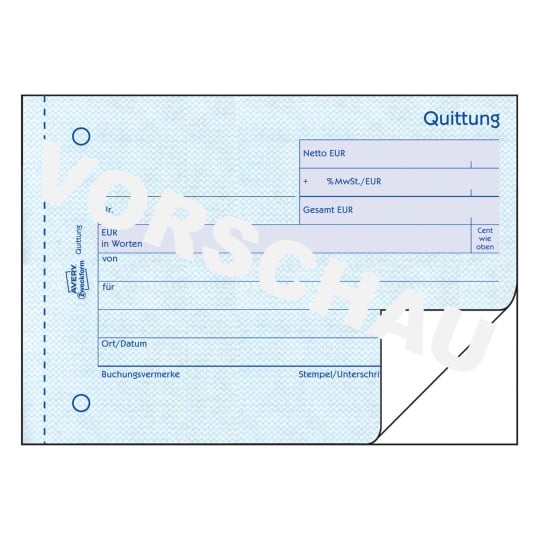 Formularabbildung: Avery Zweckform, Artikel: 306, Quittung MwSt. separat ausgewiesen, 148 x 105 mm, A6 quer, 2 x 50 Blatt/Block