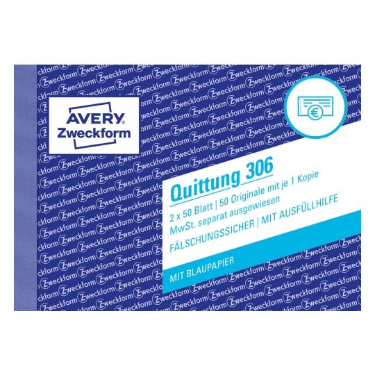 Produktabbildung: Avery Zweckform, Artikel: 306, Quittung MwSt. separat ausgewiesen, 148 x 105 mm, A6 quer, 2 x 50 Blatt/Block