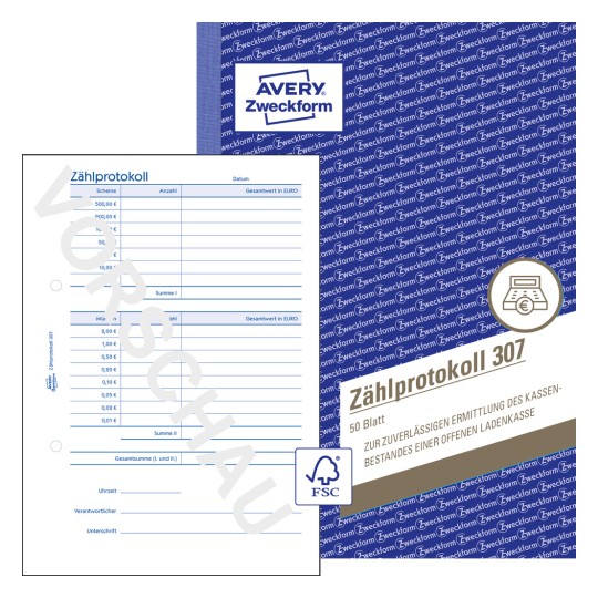 Produktabbildung mit Formularvorschau: Avery Zweckform, Artikel: 307-5, Zählprotokoll, 148 x 210 mm, A5, 50 Blatt, 5 Sets/Stück