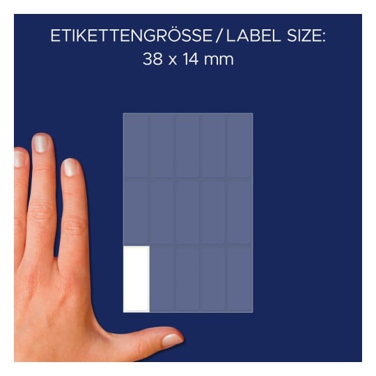 Größenvergleich mit Hand, Artikel: 3076, ein Bogen Vielzweck-Etiketten, Format: 38 x 14 mm, Farbe: Weiß