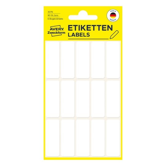 Packungsabbildung: Avery Zweckform Non A4 Universal-Etiketten zur Handbeschriftung, Artikel:  3076, Format: 38 x 14 mm, Inhalt: 90 Etiketten / 6 Bögen, 15 Etiketten/Bogen