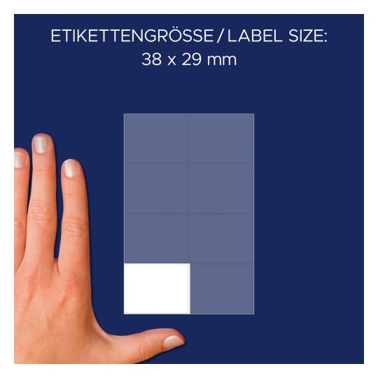 Größenvergleich mit Hand, Artikel: 3078, ein Bogen Vielzweck-Etiketten, Format: 38 x 29 mm, Farbe: Weiß