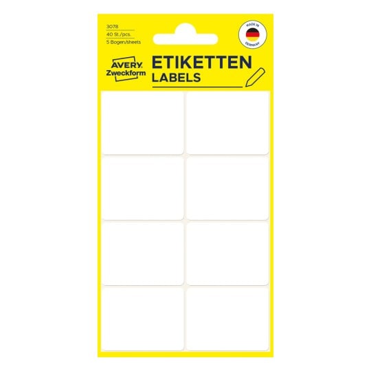 Packungsabbildung: Avery Zweckform Non A4 Universal-Etiketten zur Handbeschriftung, Artikel:  3078, Format: 38 x 29 mm, Inhalt: 40 Etiketten / 5 Bögen, 8 Etiketten/Bogen
