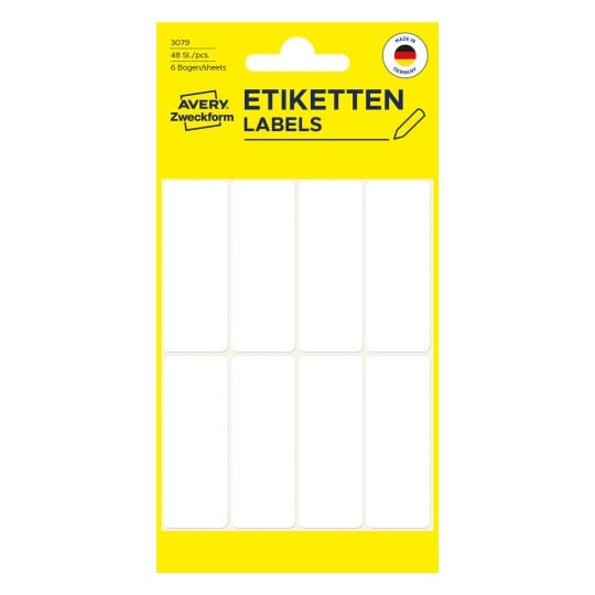 Packungsabbildung: Avery Zweckform Non A4 Universal-Etiketten zur Handbeschriftung, Artikel:  3079, Format: 50 x 19 mm, Inhalt: 48 Etiketten / 6 Bögen, 8 Etiketten/Bogen