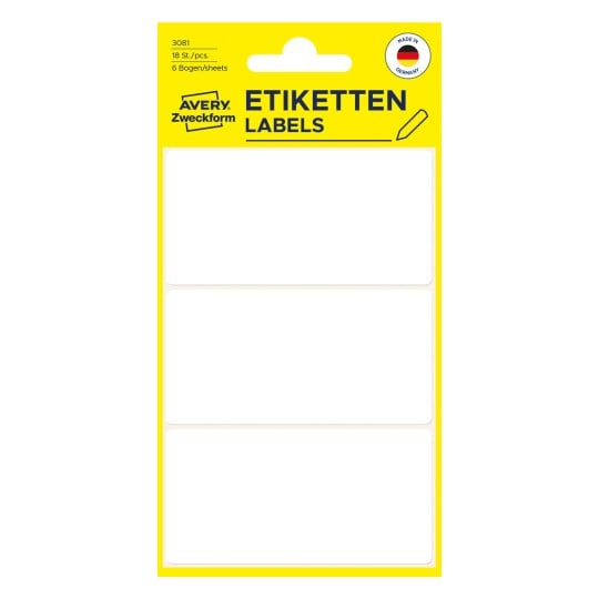 Packungsabbildung: Avery Zweckform Non A4 Universal-Etiketten zur Handbeschriftung, Artikel:  3081, Format: 76 x 39 mm, Inhalt: 18 Etiketten / 6 Bögen, 3 Etiketten/Bogen