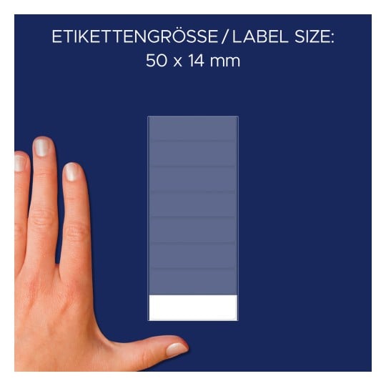 Größenvergleich mit Hand, Artikel: 3086, ein Bogen Vielzweck-Etiketten, Format: 50 x 14 mm, Farbe: Weiß