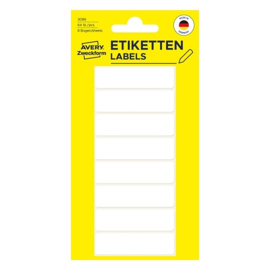 Packungsabbildung: Avery Zweckform Non A4 Universal-Etiketten zur Handbeschriftung, Artikel:  3086, Format: 50 x 14 mm, Inhalt: 64 Etiketten / 8 Bögen, 8 Etiketten/Bogen