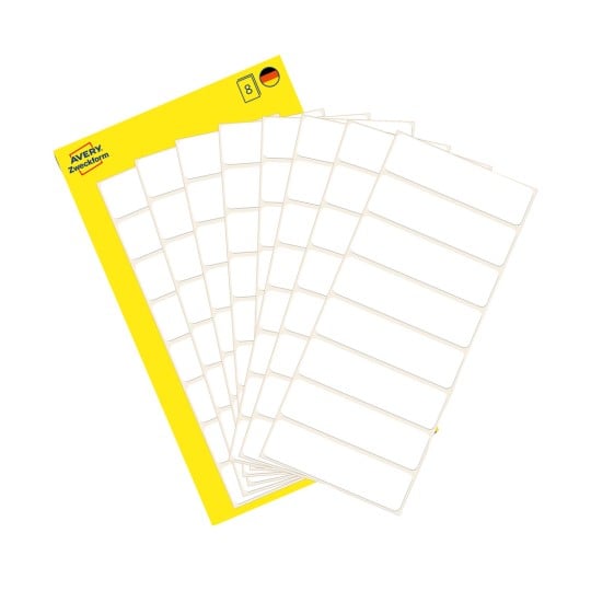 Packungsabbildung mit Etikettenbogen: Avery Zweckform Vielzweck-Etiketten, Artikel: 3086, Format: 50 x 14 mm, Inhalt: 64 Etiketten / 8 Bögen, 8 Etiketten/Bogen