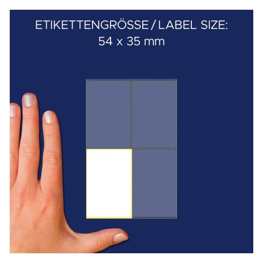 Größenvergleich mit Hand, Artikel: 3087, ein Bogen Vielzweck-Etiketten, Format: 54 x 35 mm, Farbe: Weiß