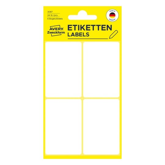 Packungsabbildung: Avery Zweckform Non A4 Universal-Etiketten zur Handbeschriftung, Artikel:  3087, Format: 54 x 35 mm, Inhalt: 24 Etiketten / 6 Bögen, 4 Etiketten/Bogen
