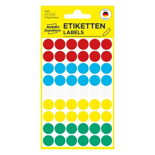 Packungsabbildung: Avery Zweckform Farbige Markierungspunkte, Artikel:  3088, Format: ⌀ 12 mm, Inhalt: 270 Markierungspunkte / 5 Bögen, 54 Markierungspunkte/Bogen