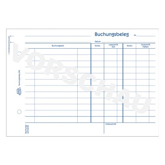 Das Bild zeigt ein Musterfinanzdokument mit dem Titel 'Buchungsbeleg' mit Spalten für Kontoinformationen, Transaktionsdetails, Soll und Haben. Es enthält Abschnitte für Daten und Unterschriften.