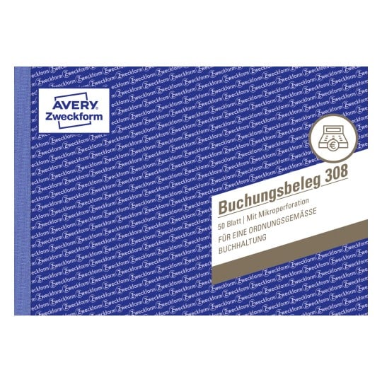 Das Bild zeigt ein Produktetikett für 50 Blatt Buchungsformulare, die speziell als 'Buchungsbeleg 308' gekennzeichnet sind. Es enthält die Marke 'Avery Zweckform' und bietet eine Mikroperforation für ein leichtes Abreißen. Der Hintergrund ist blau mit wiederholter Markenkennzeichnung.