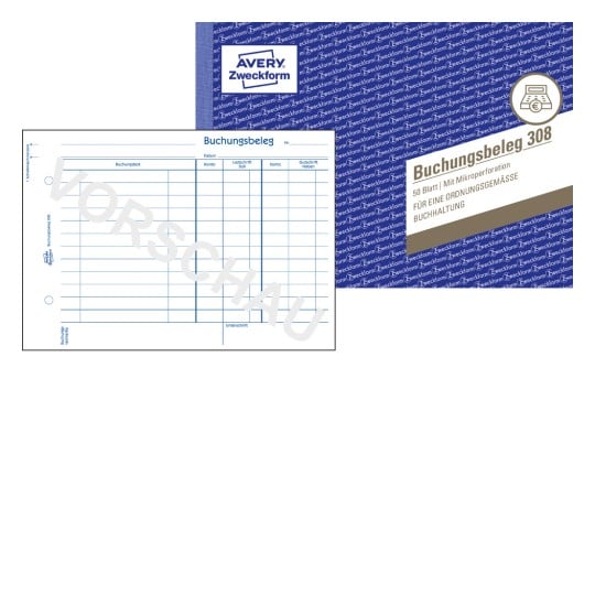 Produktabbildung mit Formularvorschau: Avery Zweckform, Artikel: 308, Buchungsbeleg, 210 x 148 mm, A5 quer, 50 Blatt/Buch