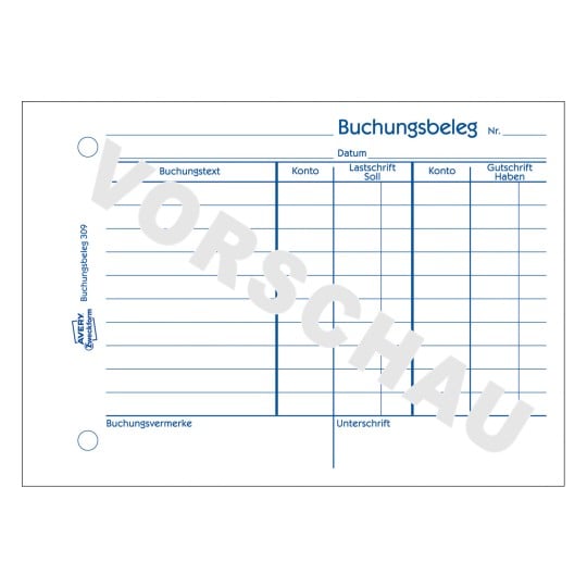 Formularabbildung: Avery Zweckform, Artikel: 309, Buchungsbeleg, 148 x 105 mm, A6 quer, 50 Blatt/Buch