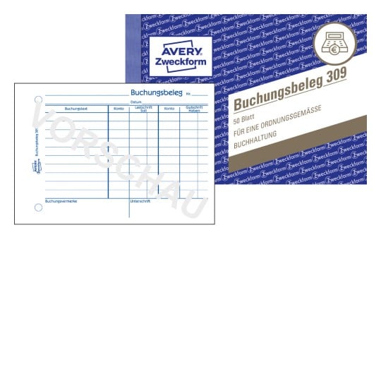 Produktabbildung mit Formularvorschau: Avery Zweckform, Artikel: 309, Buchungsbeleg, 148 x 105 mm, A6 quer, 50 Blatt/Buch