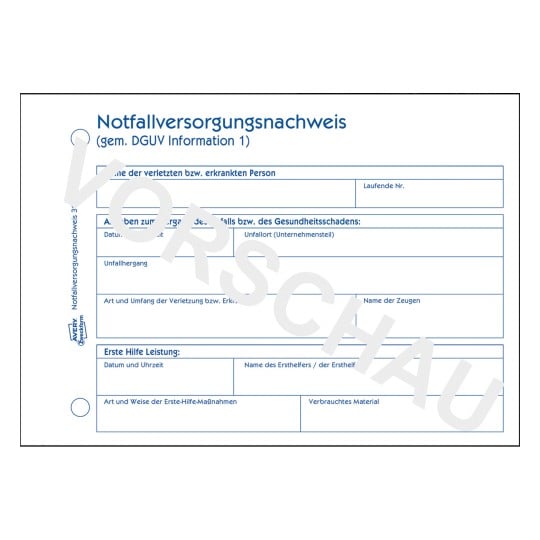 Formularabbildung: Avery Zweckform, Artikel: 313, Erste Hilfe Meldeblock, 148 x 105 mm, A6 quer, 50 Blatt/Block