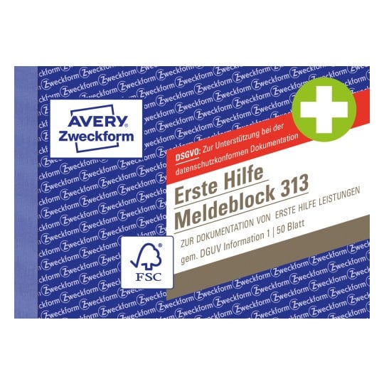 Produktabbildung: Avery Zweckform, Artikel: 313, Erste Hilfe Meldeblock, 148 x 105 mm, A6 quer, 50 Blatt/Block