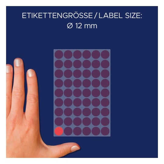 Größenvergleich mit Hand, Artikel: 3141, ein Bogen Markierungspunkte, Format: ⌀ 12 mm, Farbe: Rot