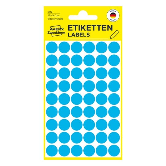 Packungsabbildung: Avery Zweckform Farbige Markierungspunkte, Artikel:  3142, Format: ⌀ 12 mm, Inhalt: 270 Markierungspunkte / 5 Bögen, 54 Markierungspunkte/Bogen