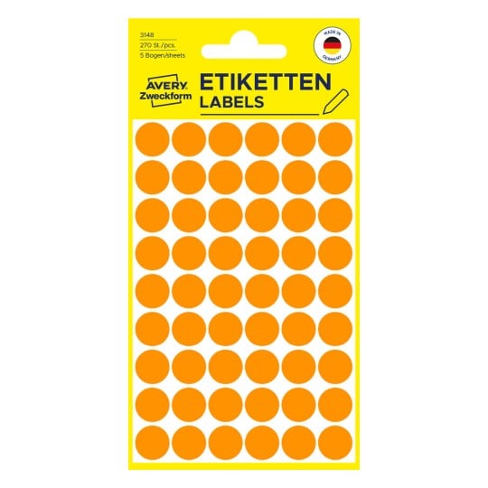 Packungsabbildung: Avery Zweckform Farbige Markierungspunkte, Artikel:  3148, Format: ⌀ 12 mm, Inhalt: 270 Markierungspunkte / 5 Bögen, 54 Markierungspunkte/Bogen
