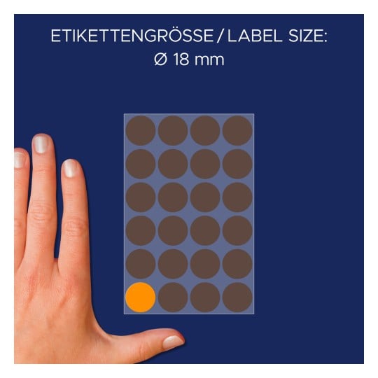 Größenvergleich mit Hand, Artikel: 3173, ein Bogen Markierungspunkte, Format: ⌀ 18 mm, Farbe: neonorange