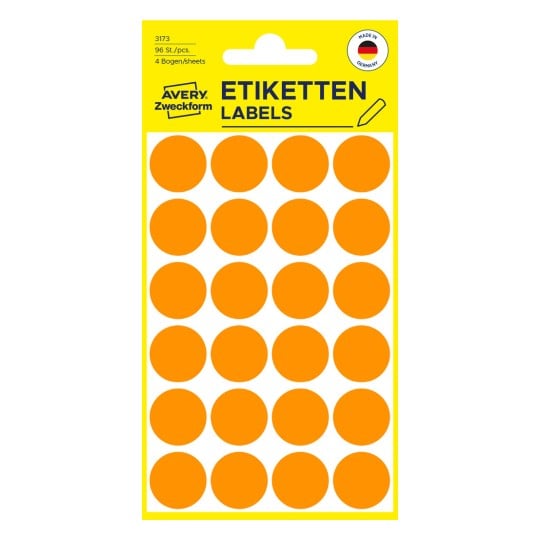 Packungsabbildung: Avery Zweckform Farbige Markierungspunkte, Artikel:  3173, Format: ⌀ 18 mm, Inhalt: 96 Markierungspunkte / 4 Bögen, 24 Markierungspunkte/Bogen