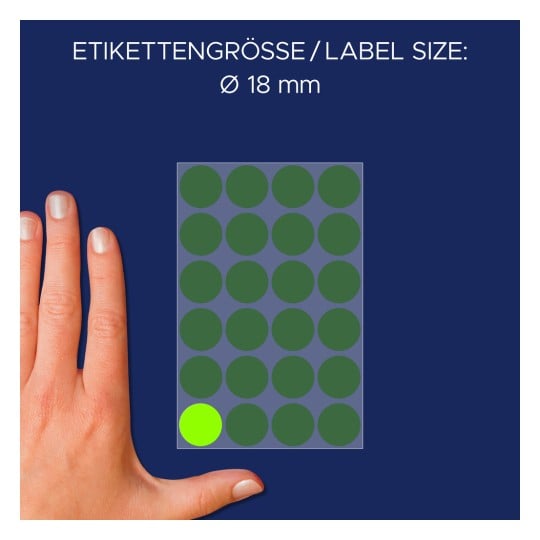 Größenvergleich mit Hand, Artikel: 3174, ein Bogen Markierungspunkte, Format: ⌀ 18 mm, Farbe: Leuchtgrün