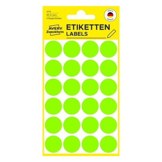 Packungsabbildung: Avery Zweckform Farbige Markierungspunkte, Artikel:  3174, Format: ⌀ 18 mm, Inhalt: 96 Markierungspunkte / 4 Bögen, 24 Markierungspunkte/Bogen