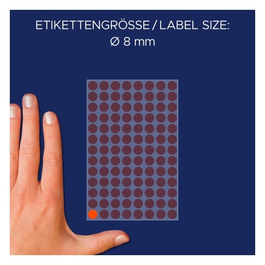 Größenvergleich mit Hand, Artikel: 3177, ein Bogen Markierungspunkte, Format: ⌀ 8 mm, Farbe: neonrot