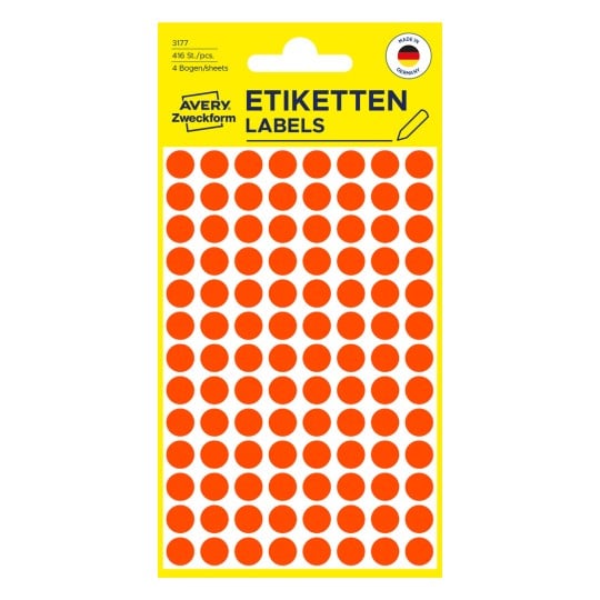 Packungsabbildung: Avery Zweckform Farbige Markierungspunkte, Artikel:  3177, Format: ⌀ 8 mm, Inhalt: 416 Markierungspunkte / 4 Blatt, 104 Markierungspunkte/Bogen