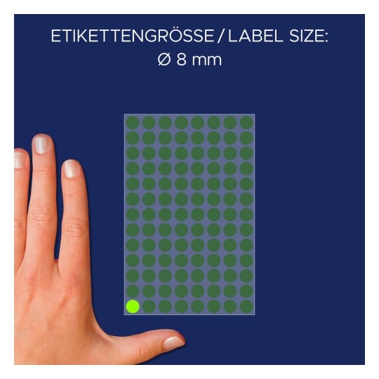 Größenvergleich mit Hand, Artikel: 3179, ein Bogen Markierungspunkte, Format: ⌀ 8 mm, Farbe: Leuchtgrün