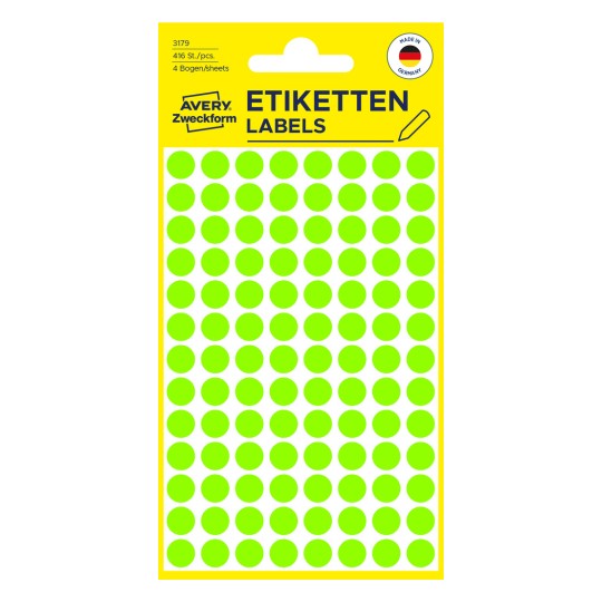 Packungsabbildung: Avery Zweckform Farbige Markierungspunkte, Artikel:  3179, Format: ⌀ 8 mm, Inhalt: 416 Markierungspunkte / 4 Bögen, 104 Markierungspunkte/Bogen