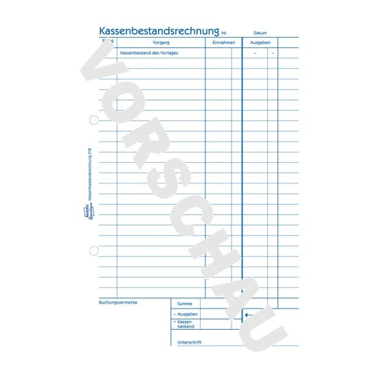 Formularabbildung: Avery Zweckform, Artikel: 318, Kassenbestandsrechnung, 148 x 210 mm, A5, 50 Blatt/Buch