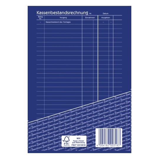 Das Bild zeigt ein blaues Dokument mit dem Titel 'Kassenbestandsrechnung', das Bereiche zur Erfassung von Einnahmen und Ausgaben enthält, einschließlich eines Feldes für vorherige Salden.
