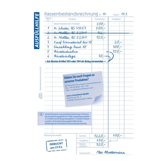 Das Bild zeigt ein Finanzdokument, das Einnahmen und Ausgaben mit verschiedenen Einträgen, Summen und Notizen darstellt. Es enthält Namen, Beträge und einen Kontakt für den Kundenservice bei Avery Zweckform GmbH.