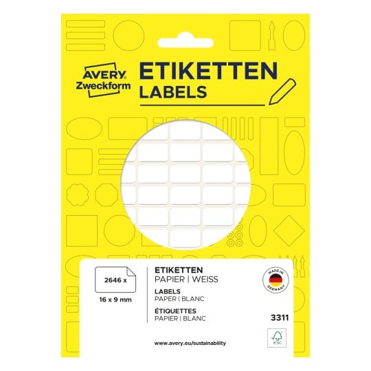 Packungsabbildung: Avery Zweckform Non A4 Universal-Etiketten zur Handbeschriftung, Artikel:  3311, Format: 16 x 9 mm, Inhalt: 2.646 Etiketten / 27 Bögen, 98 Etiketten/Bogen