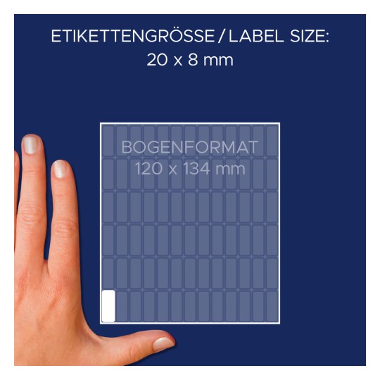 Größenvergleich mit Hand, Artikel: 3317, ein Bogen Vielzweck-Etiketten, Format: 20 x 8 mm, Farbe: Weiß