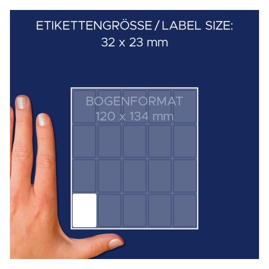Größenvergleich mit Hand, Artikel: 3321, ein Bogen Vielzweck-Etiketten, Format: 32 x 23 mm, Farbe: Weiß