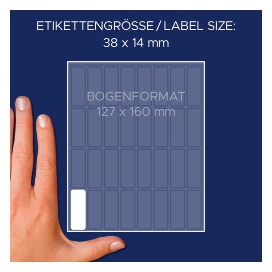 Größenvergleich mit Hand, Artikel: 3323, ein Bogen Vielzweck-Etiketten, Format: 38 x 14 mm, Farbe: Weiß
