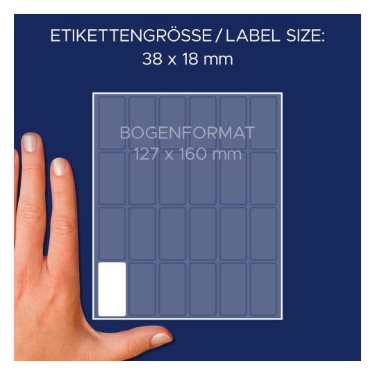 Größenvergleich mit Hand, Artikel: 3324, ein Bogen Vielzweck-Etiketten, Format: 38 x 18 mm, Farbe: Weiß