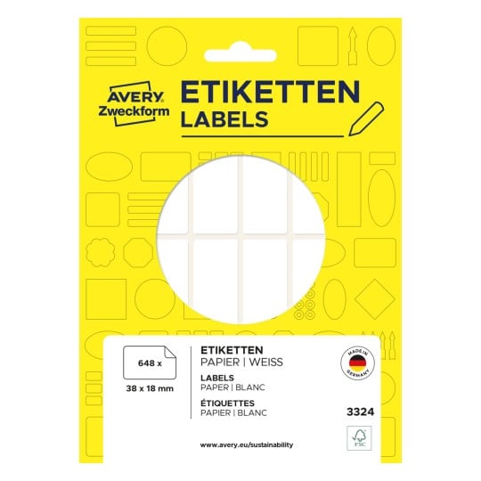 Packungsabbildung: Avery Zweckform Non A4 Universal-Etiketten zur Handbeschriftung, Artikel:  3324, Format: 38 x 18 mm, Inhalt: 648 Etiketten / 27 Bögen, 24 Etiketten/Bogen