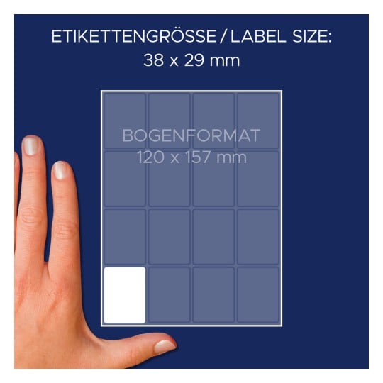 Größenvergleich mit Hand, Artikel: 3326, ein Bogen Vielzweck-Etiketten, Format: 38 x 29 mm, Farbe: Weiß